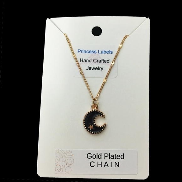 HAND Crafted Necklace Gold Plated Chain Black Quarter Moon - Picture 5 of 9